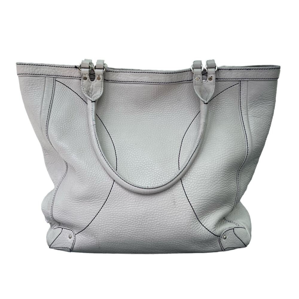 Cole Haan Womens Large‎ Pebbled Leather Tote Bag White Contrast Stitching